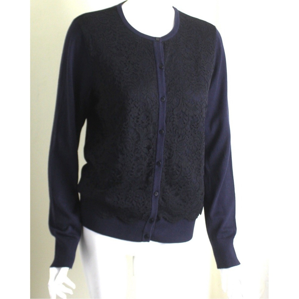 Ann Taylor Sz XL Blue Black Lace Floral Overlay  Cotton‎ Cardigan Sweater